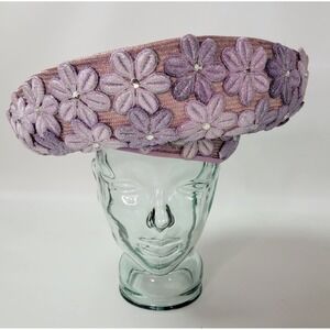 Jack McConnell Lavender Straw Derby Hat Floral Rhinestone Wide Brim Red Feather